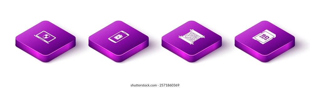 Set Isometric Laptop with shield, Smartphone battery charge, Paper scroll and SD card icon. Vector