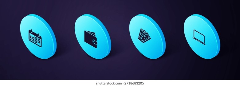 Conjunto de Laptop isométrico, Pilas de dinero en efectivo de papel, billetera e icono de calendario. Vector