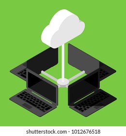 Set of isometric laptops front and back side in four different positions with cloud data storage.