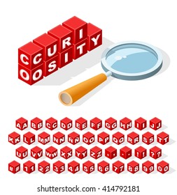 Set of Isometric Latin Alphabet Letters with Numbers and Isolated Creative Red Block Word " Curiosity " on White Background. Construction Concept. Vector Illustration. 