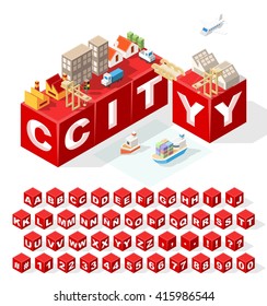 Set of Isometric Latin Alphabet Letters with Numbers and Isolated Creative Red Block Word " City " on White Background. Construction Concept. Vector Illustration. 