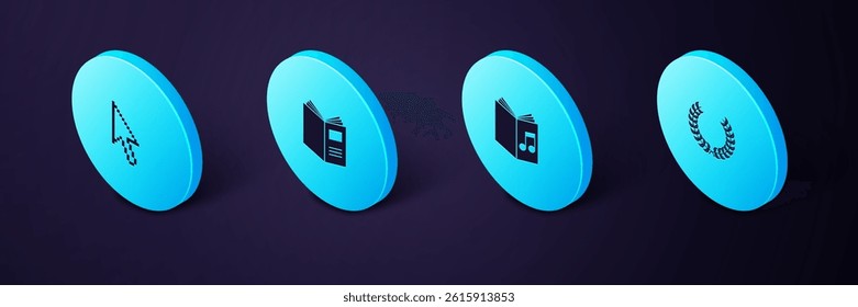 Set Isometric Laurel wreath, Audio book, Open and Pixel arrow cursor icon. Vector