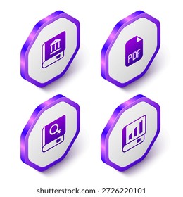 Conjunto de libro de leyes isométricas, documento de archivo PDF, libro sobre las mujeres e icono financiero. Botón hexagonal púrpura. Vector