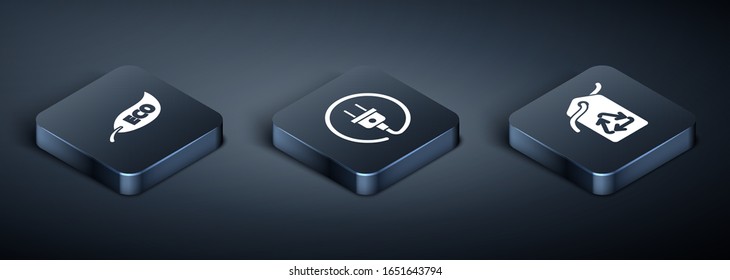 Set Isometric Leaf Eco symbol, Tag with recycle symbol and Electric plug icon. Vector