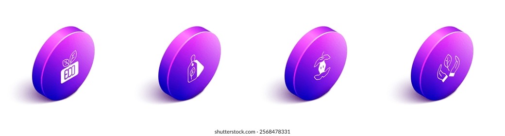 Set Isometric Leaf Eco symbol, Tag with leaf, Apple core and in hand icon. Vector