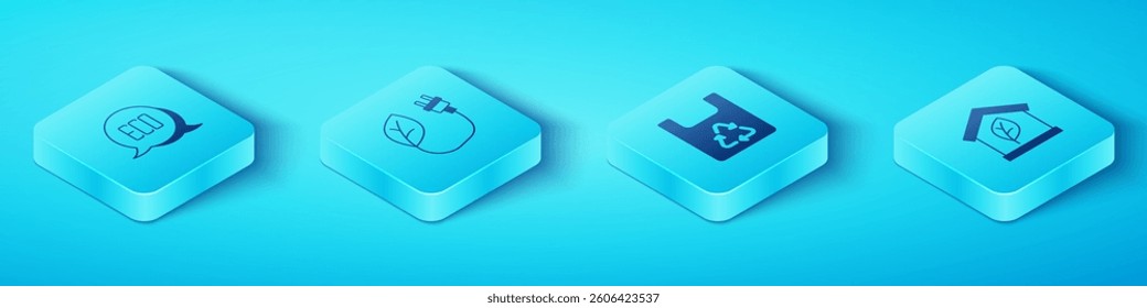 Set Isometric Leaf Eco symbol, Electric saving plug in leaf, friendly house and Shopping bag with recycle icon. Vector