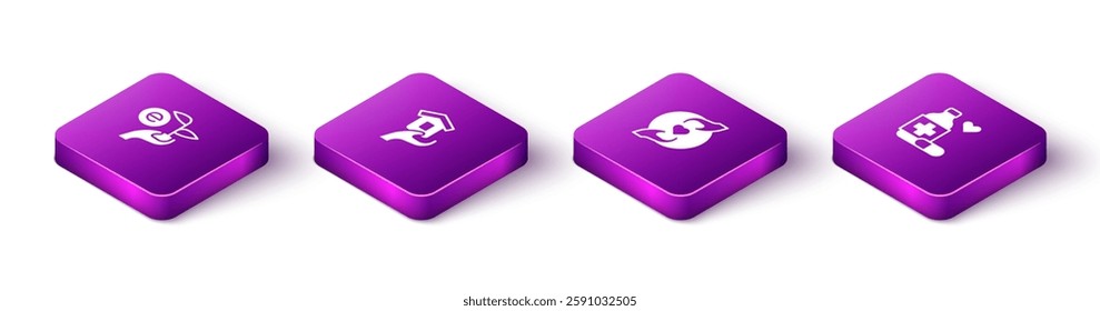 Set Isometric Leaf in hand, Shelter for homeless, Pleasant relationship and Medicine bottle pills icon. Vector