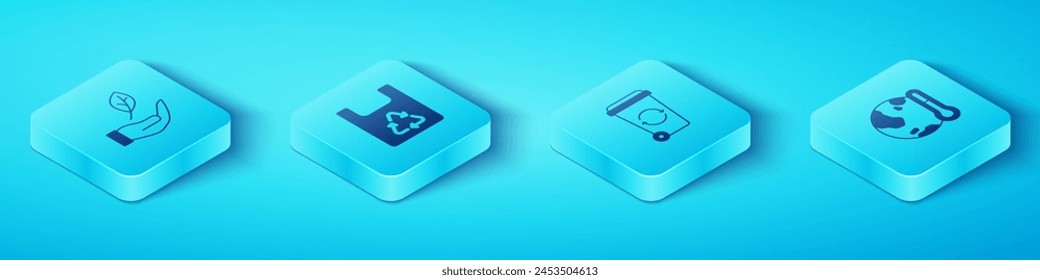 Set Isometric Leaf in hand, Shopping bag with recycle, Earth melting to global warming and Recycle bin icon. Vector