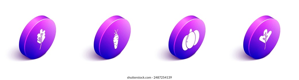 Set Isometric Leaf or leaves, Carrot, Pumpkin and Leaf or leaves icon. Vector