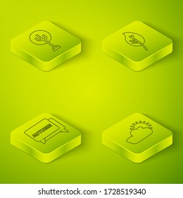 Set Isometric Leaf or leaves, Speech bubble with text autumn, Sun and cloud weather and Tree icon. Vector