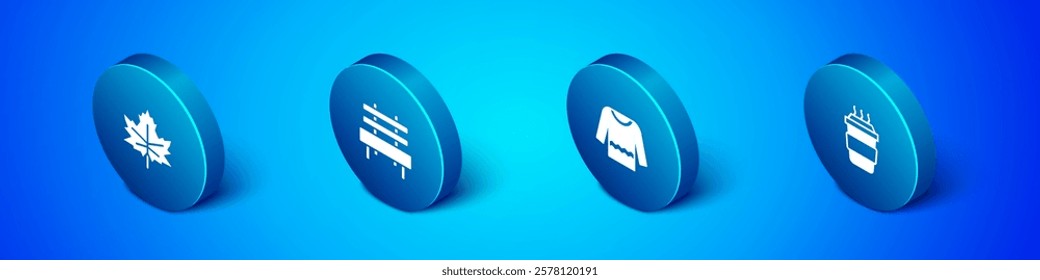 Set Isometric Leaf or leaves, Sweater, Coffee cup to go and Bench icon. Vector