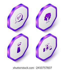 Set Isometric Leaf, Tree, Garden sprayer for water and Water tap icon. Purple hexagon button. Vector