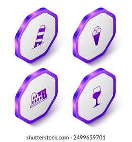 Set Isometric Leaning tower in Pisa, Ice cream waffle, Coliseum and Wine glass icon. Purple hexagon button. Vector