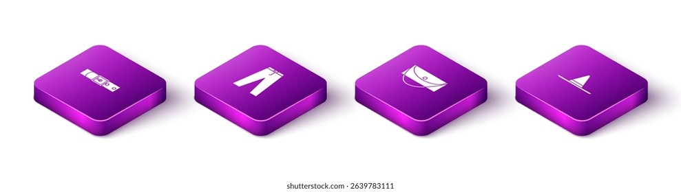 Set Isometric Leather belt, Pants, Clutch bag and Gardener worker hat icon. Vector