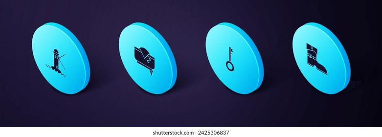 Set Isometric Leather pirate boots, Pirate key, hat and Lighthouse icon. Vector