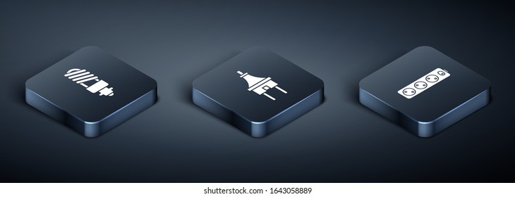 Set Isometric LED light bulb, Electric extension cord and Electric plug icon. Vector