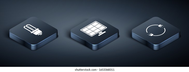 Set Isometric LED light bulb, Electric plug and Solar energy panel icon. Vector