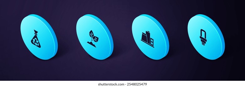Set Isometric LED light bulb, Factory, Plant and Garbage bag with recycle icon. Vector