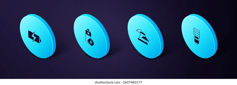 Set Isometric LED light bulb, Nuclear power plant, Battery and  icon. Vector