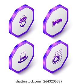Set Isometric Leprechaun, boot, hat and Golden leprechaun coin icon. Purple hexagon button. Vector