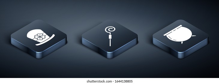 Set Isometric Leprechaun hat and four leaf clover, Witch cauldron and Walking stick icon. Vector