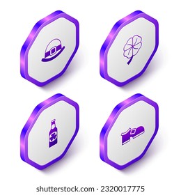 Set Isometric Leprechaun hat, Four leaf clover, Beer bottle with and boot icon. Purple hexagon button. Vector