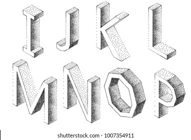 Set of isometric letters of the Latin alphabet. Interesting style to the point Dotwork in 3D