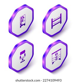 Isometrisches Bibliotheksregal, Etagenbett, Bürostuhl und Kommerztruhe-Symbol. Violett-Hexagon-Taste. Vektorgrafik