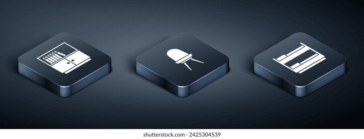 Set Isometric Library bookshelf, Bunk bed and Chair icon. Vector