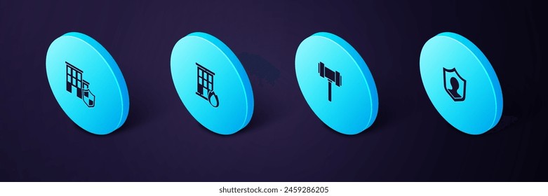 Set Isometric Life insurance with shield, Judge gavel, Fire burning house and House icon. Vector
