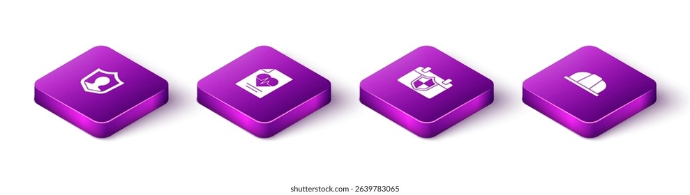 Set Isometric Life insurance with shield, Health, Calendar and Worker safety helmet icon. Vector