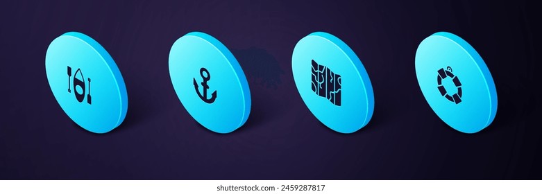 Set Isometric Lifebuoy, Folded map, Anchor and Kayak canoe icon. Vector