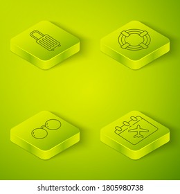 Set Isometric Lifebuoy, Glasses, Calendar and airplane and Suitcase icon. Vector