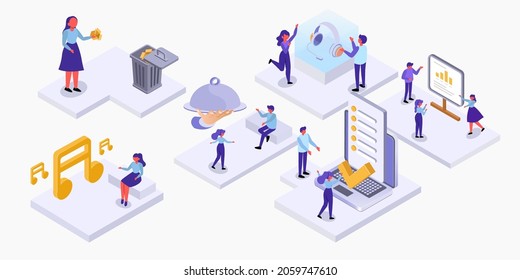 Set isometric lifestyle of people in differnce activity, vector illustration