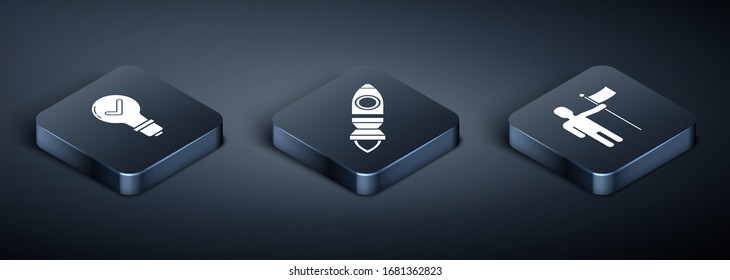 Set Isometric Light bulb and check mark, Man holding flag and Rocket ship with fire icon. Vector