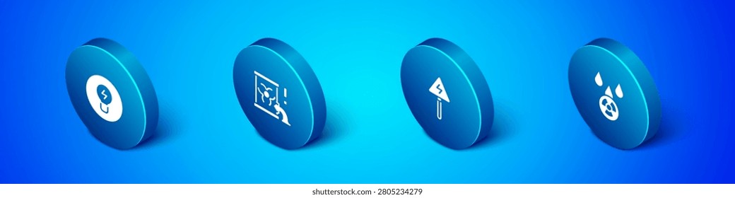 Set Isometric Light bulb with concept of idea, High voltage sign, Acid rain and radioactive cloud and Radioactive waste barrel icon. Vector