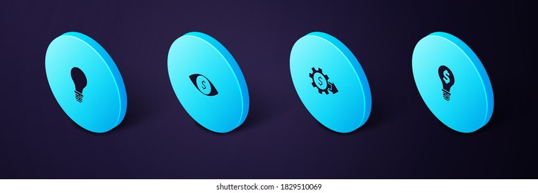 Ponga la bombilla isométrica con el icono del dólar, el engranaje, el ojo y el concepto de idea. Vector.