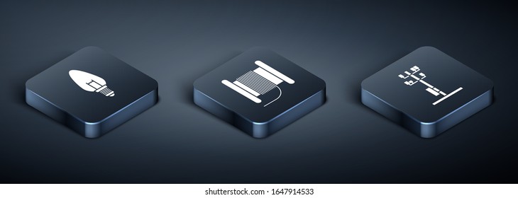 Set Isometric Light bulb, High voltage power pole line and Wire electric cable on a reel or drum icon. Vector