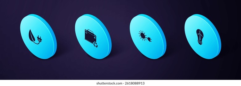 Set Isometric Light bulb with wind turbine, Sun electric plug, Car battery recycle and Electric saving leaf icon. Vector