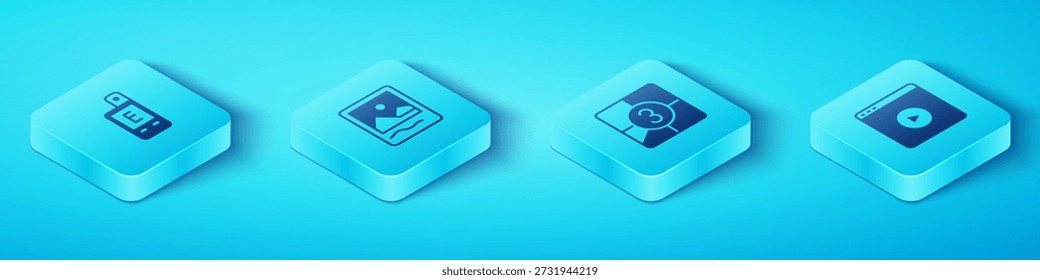 Set Isometric Light meter, Photo frame, Online play video and Old film movie countdown icon. Vector
