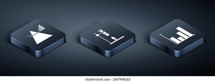 Set Isometric Light rays in prism, Pie chart infographic and Glass test tube flask on fire heater icon. Vector