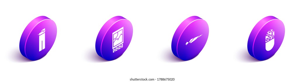 Set Isometric Lighter, Open matchbox and matches, Marijuana joint and Medicine pill or tablet icon. Vector
