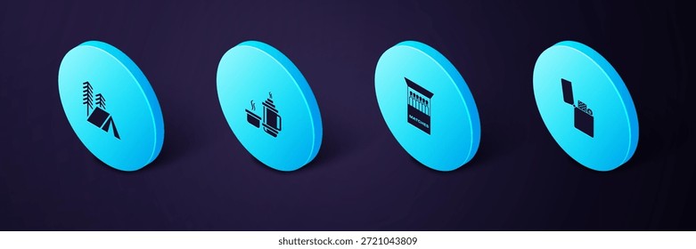 Definir Isometric Lighter, Abrir caixa de fósforos e fósforos, Contêiner térmico e ícone tenda turística. Vetor