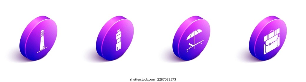 Set Isometric Lighthouse, Bottle of water, Sunbed and umbrella and Hiking backpack icon. Vector