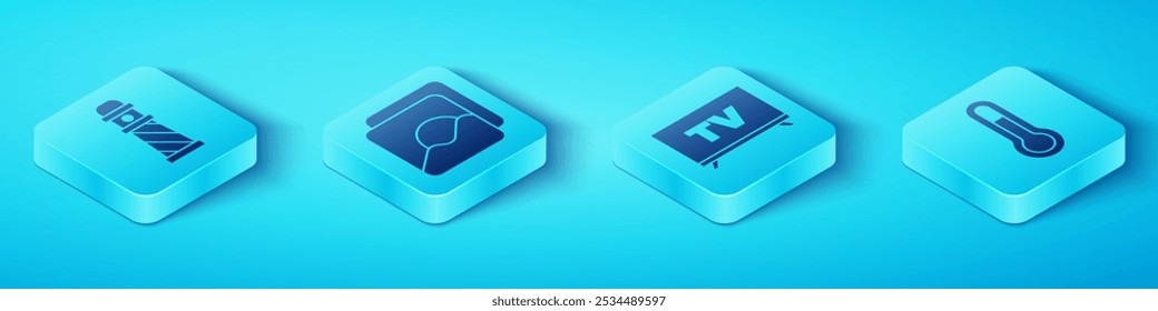 Set Isometric Lighthouse, Photo, Meteorology thermometer and Smart Tv icon. Vector