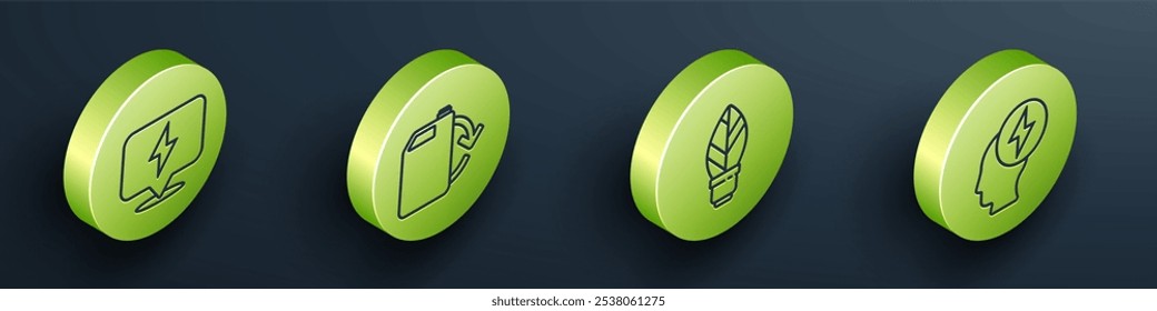 Set Isometrischer Blitz, Eco-Kraftstoffbehälter, Glühbirne mit Blatt und Kopf und elektrischem Symbol. Vektorgrafik