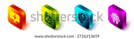 Set Isometric Lightning bolt, Eco fuel canister, Head and electric symbol and Hands holding Earth globe icon. Vector