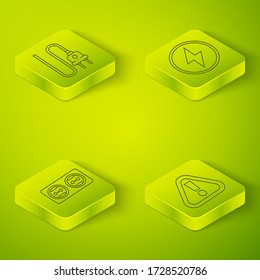 Set Isometric Lightning bolt, Electrical outlet, Exclamation mark in triangle and Electric plug icon. Vector