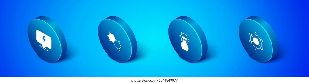 Set Isometric Lightning bolt, Explosion the flask, Molecule and Chemical formula icon. Vector