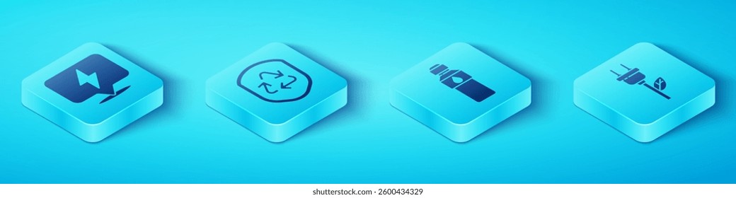 Set Isometric Lightning bolt, Recycle symbol inside shield, Electric saving plug in leaf and Bottle of water icon. Vector